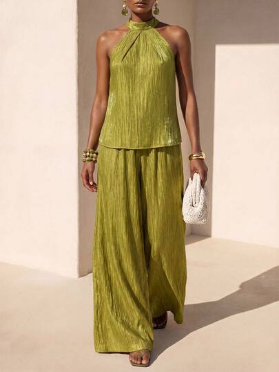 Zivah New Summer Commuting Casual Loose-Fitting Mustard Yellow Textured Satin Off-Shoulder Tank Top + Wide-Leg Long Pant Two Pieces Set . Suitable For Everyday Wear, Music Festival,Shopping, Party, Holidays,Vacation Gatherings, Brunch Outfits, Airport Outfits, Commuting, Travel, Wedding Guest Outfits-A