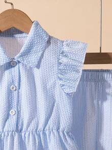 Elladie kids Conjunto de blusa de manga de volantes con lazo y espalda abierta con diseño de gota y pantalones cortos rectos casuales para niñas pequeñas, un atuendo versátil y dulce para el verano - Celeste - Ver 8