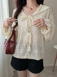 FRIFUL Blusa holgada con capucha de encaje para mujer, otoño - Albaricoque - Ver 6