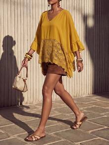 Zivah Blusa holgada de mujer con cuello en V, mangas con volantes y encaje de contraste - Mostaza Amarilla - Ver 7