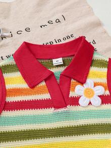 SHEIN Elladie kids 2件組少女夏季杏色紋理針織領拼接愛心背心上衣與牛仔裙褲，荷葉邊下擺櫻桃刺繡復古套裝 - 紅色 - 查看 6