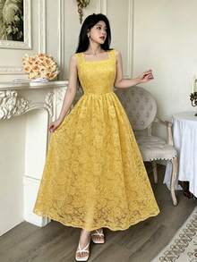 Modelyn Đầm ren vàng, dây đeo vai, vạt bèo nhún, thích hợp cho mùa xuân/hè. - Màu vàng - Xem 9