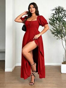 Vionelle Đầm dự tiệc thanh lịch dành cho nữ cỡ lớn, màu trơn, thắt nơ phía trước, tay áo cánh hoa, gấu đầm xếp nếp. - Đỏ - Xem 4