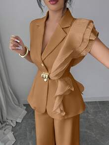 SHEIN Elenzya 女士优雅杏色奢华正式礼服套装，亮片欧根纱荷叶边领系腰西装外套套装，包括无袖外套和直筒裤，酒红色，适合万圣节、圣诞节、新年派对、毕业典礼、婚礼和其他场合。 - 摩卡棕 - 查看 1