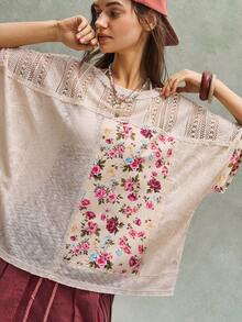 Bohemela Casual Knit Patchwork Round Neck Loose Short Sleeve T-Shirt For Women - Apricot - View 4