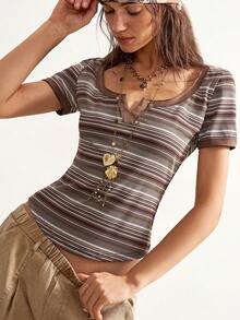 SHEIN BohoFeels Casual Vacation Fitted Knit T-Shirt For Women - Black - View 5