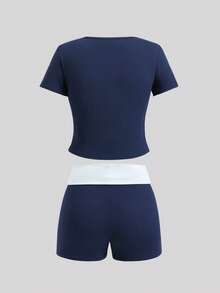 SHEIN Setelan 2 Potong Kasual Nyaman untuk Remaja Perempuan, Warna Biru & Putih: Kaos Lengan Pendek dan Celana Pendek - Royal Blue - View 2