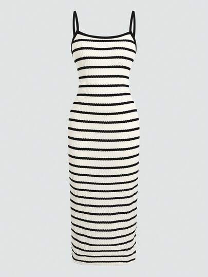 SHEIN Teen Girls Summer New Textured Black & White Striped Camisole Dress, Casual, Daily, Fashion, Versatile, Retro, Outdoor, Sister Photo Shoot, Park, Camping, Travel, Party