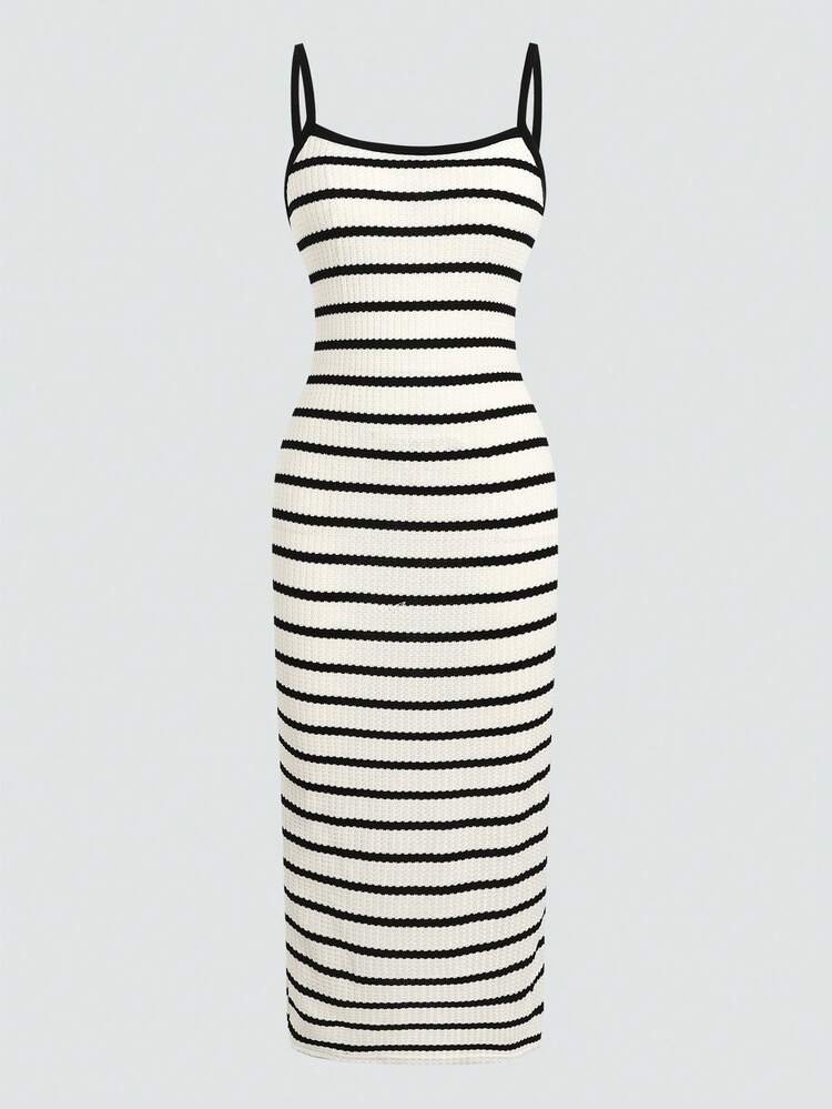 SHEIN Tween Girl Colorblock Striped Fitted Casual Spaghetti Strap Dress - Black and White - View 3