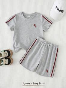 Cozy Pixies 2pcs/Set Young Boy Solid Color Knit Soft Round Neck Short Sleeve Top And Elastic Waist Shorts - Grey - View 3