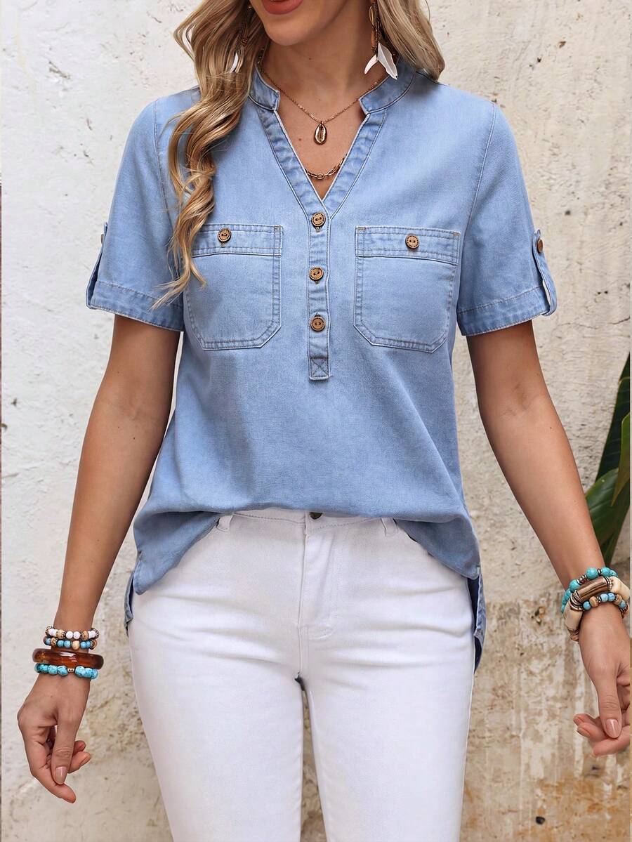 Áo sơ mi denim cổ chữ V dáng casual cho kỳ nghỉ - Màu xanh lam - Xem 1