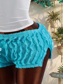 Amplova Ultra Low-Rise Pleated Slit Light Blue Waffle Mini Shorts Holiday Beach Vacation Summer Cute - Multicolor - View 6
