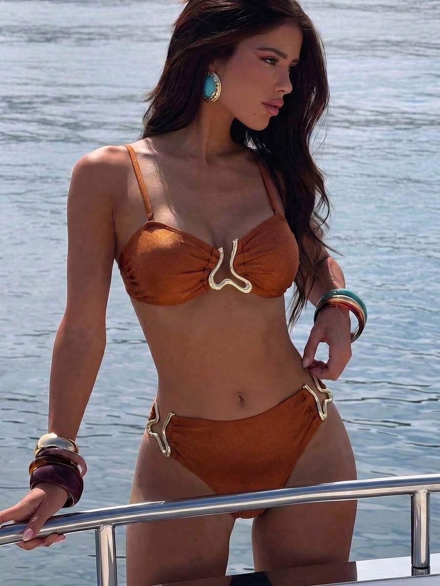 Swim Chiccia Bộ bikini quây ngực gợi cảm bằng vải ánh kim dành cho nữ, thích hợp cho kỳ nghỉ biển. - Rỉ Nâu - Xem 1