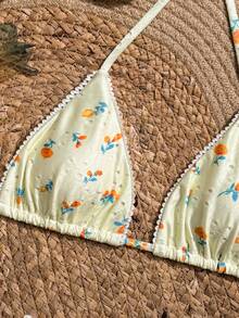Swim Mod Spring/Summer Floral Print Halter Backless 3-Piece Swimwear Set, Including Triangle Bikini Bottoms And Lace Skirt Beach Yellow Boho - Multicolor - View 8