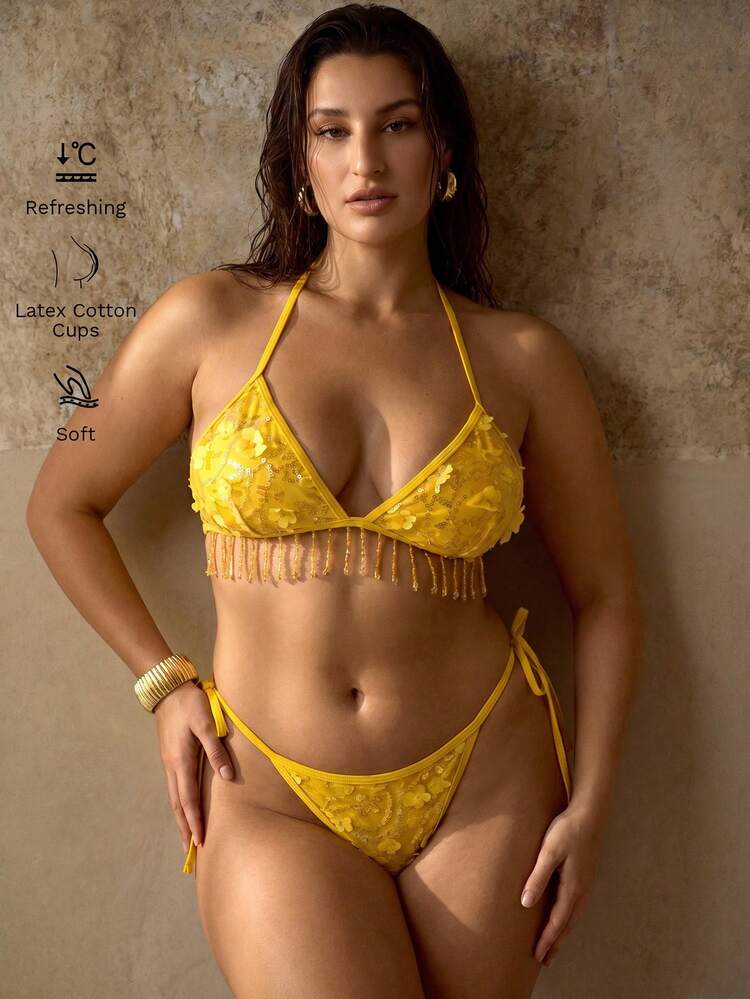 3D FLORAL BEADED & SEQUIN EMBROIDERED FRINGE HEM PLUS SIZE WOMEN BEACH VACATION BIKINI SWIMSUIT SET