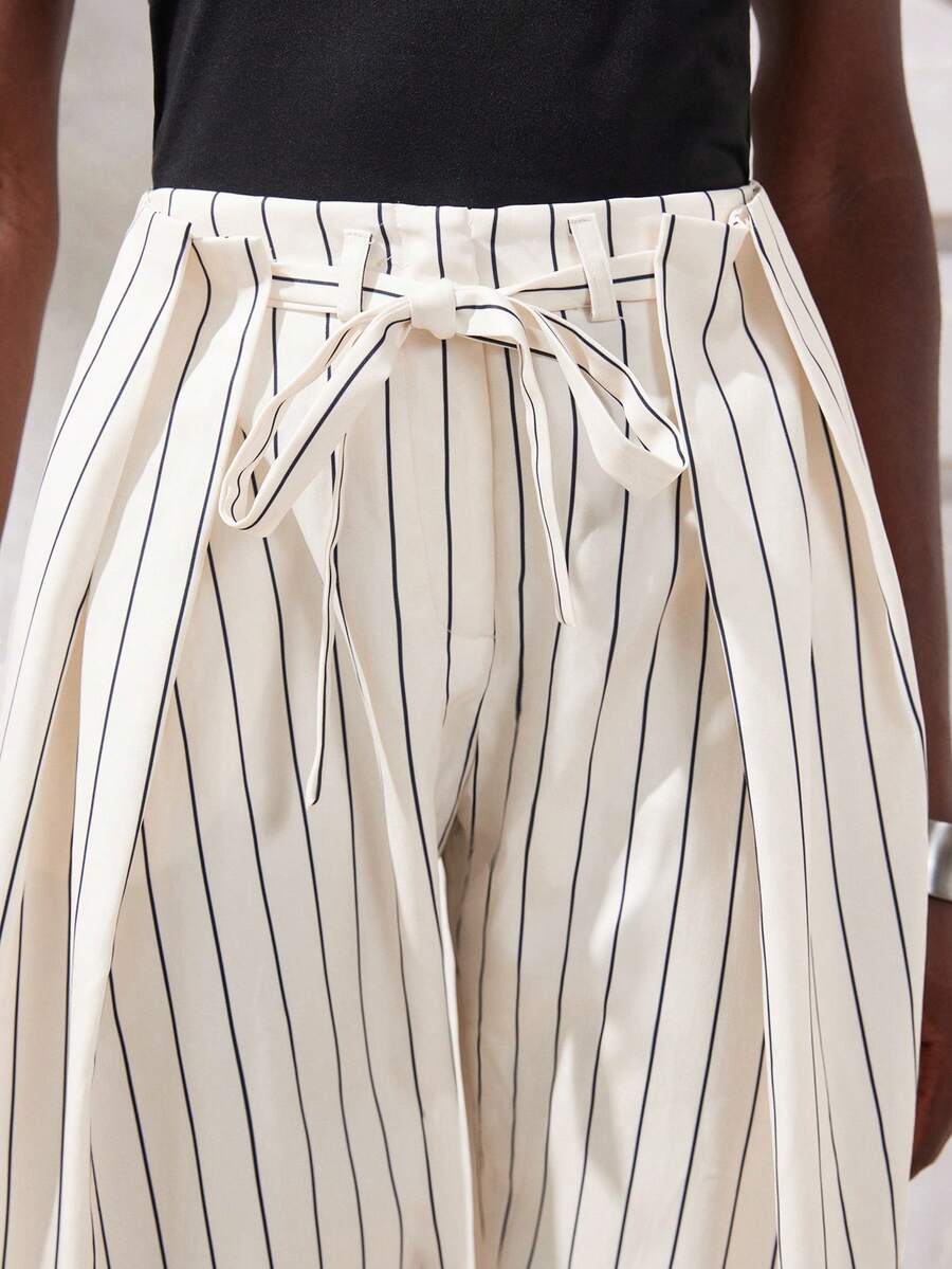 Aveloria Modichic Women's Simple And Elegant Commuting Daily Versatile Design Sense Black And White Striped Pleated Design With Belt Suit Pants - Apricot - View 1