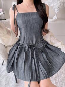 Vestido corto de mujer con camisola, cintura con lazo y volantes - Azul - Ver 7