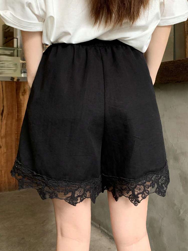 Contrast Lace Elastic Waist Casual Vacation Summer Shorts For Women