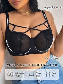DesireSculpt Plus Size Women's Lingerie Black Lace Patchwork Underwire Bra, 1pc Plus Size Bra Underwire Plus Lingerie For Women - Black - View 1