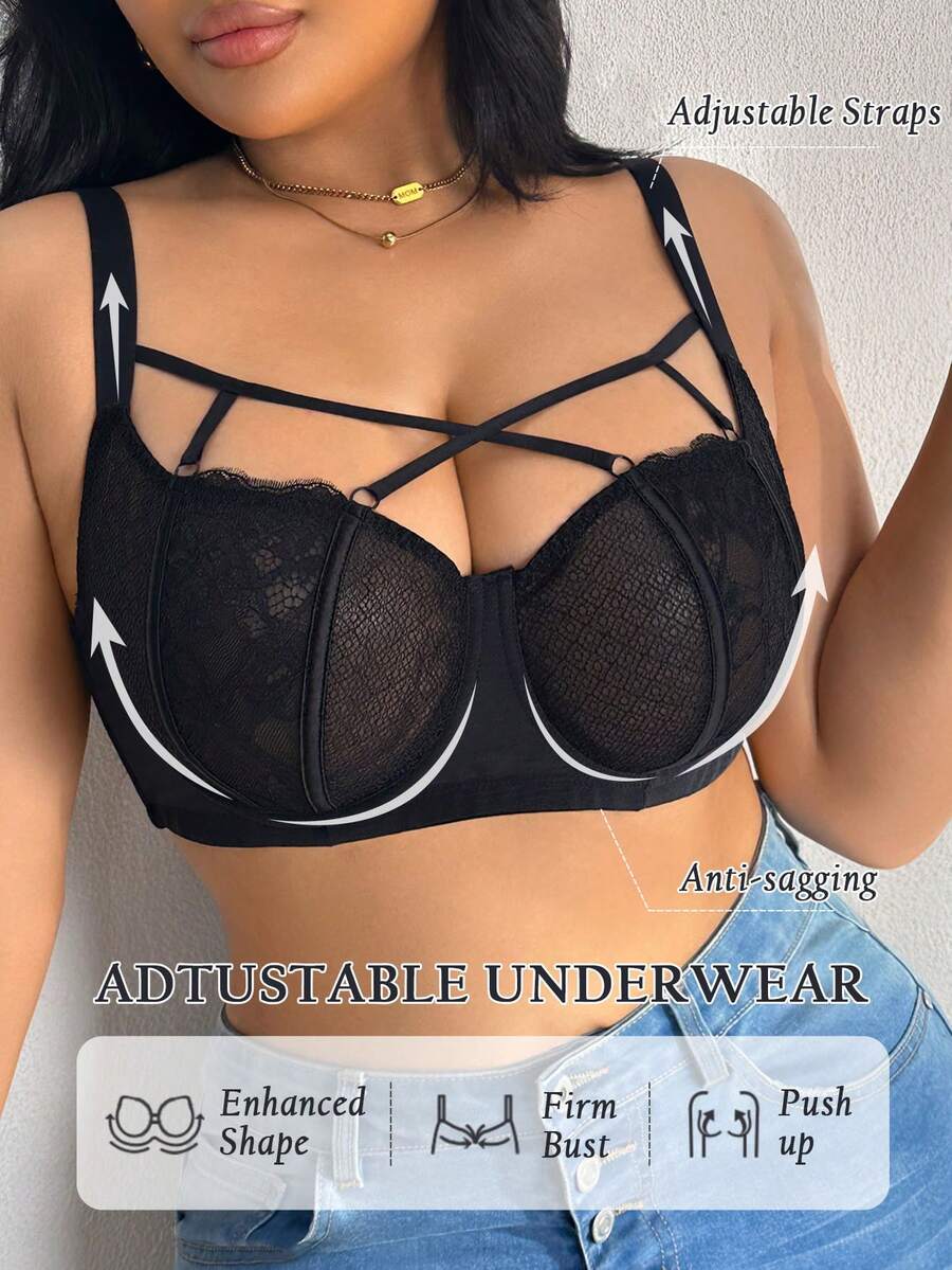 DesireSculpt Plus Size Women's Lingerie Black Lace Patchwork Underwire Bra, 1pc Plus Size Bra Underwire Plus Lingerie For Women - Black - View 1