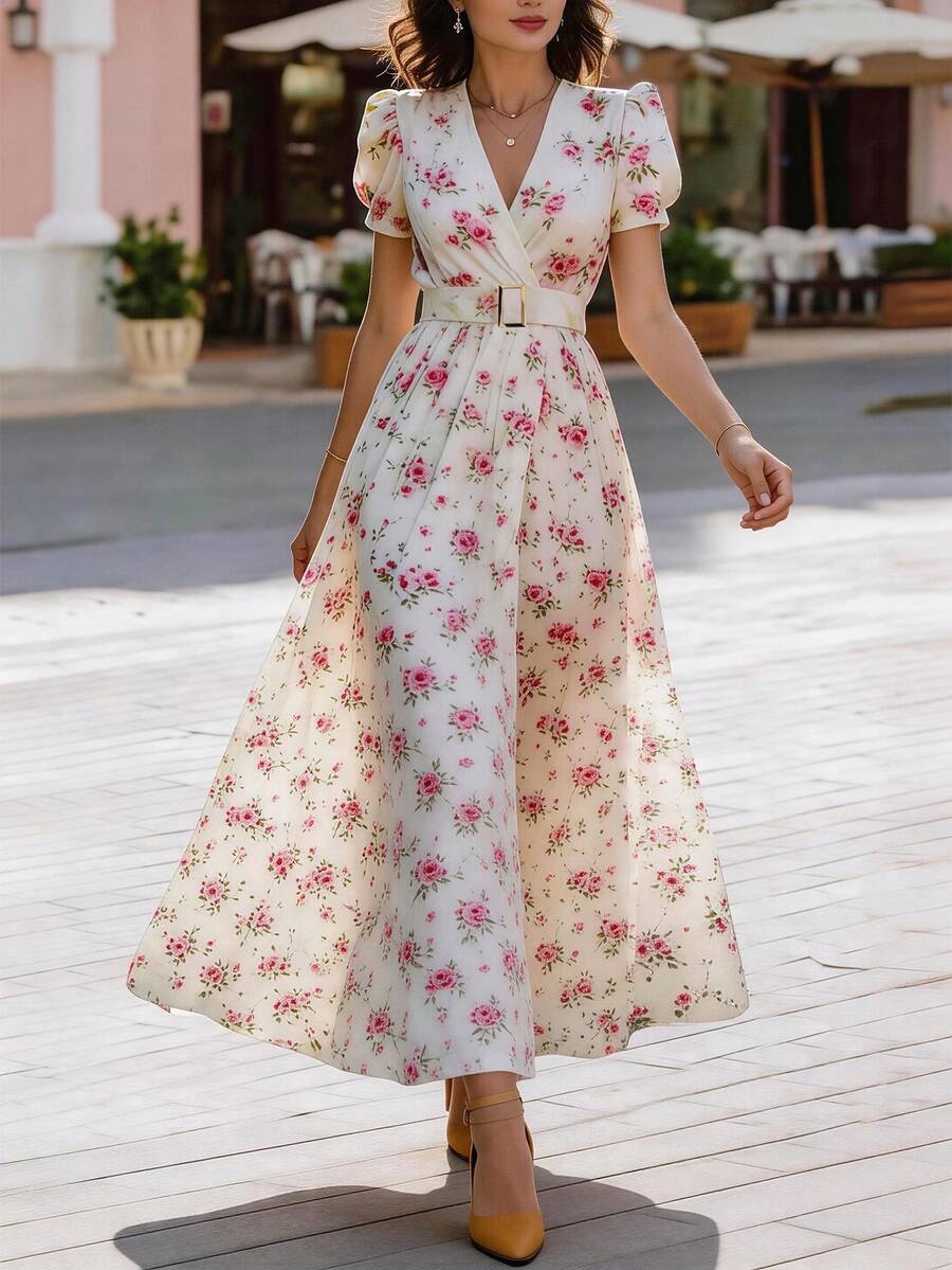 Balvessa Women's Elegant Floral Print Metal Buckle Decor Short Sleeve Dress, Suitable For Summer Vacation Vacation Light Pink - Baby Pink - View 1