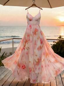 SHEIN Franclia 女士夏季新款浪漫复古宫廷风海滩度假连衣裙，适合日常聚会、约会和派对，印花荷叶边下摆 - 粉色 - 查看 4