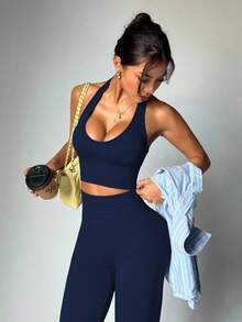 Breezaya Women's Solid Color Minimalist Daily Halter Top And Pants Sports Suit Workout Set - Navy Blue - View 4