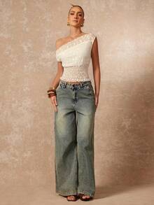 Lumalex Top estivo corto con scollo asimmetrico, pois bianchi e rete svizzera, sovrapposizione drappeggiata, vita arricciata, texture trasparente, orlo con volant e spalle scoperte - Bianco - Visualizzare 8