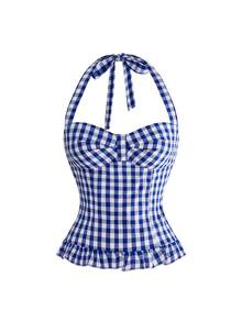 ROMWE Avant Women's Romantic Vacation Style Polka Dot & Plaid Backless Halter Neck Camisole Set - Blue - View 3