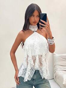 Camiseta ajustada de mujer con cuello alto y volantes multicapa elegante - Blanco - Ver 6