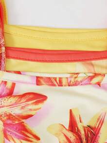 SHEIN 3pcs/Pack Baby Girls' Summer Hibiscus Floral Strap Rompers Light Pink Boho Vacation Soft Round Neck Casual Tropical Versatile Beach Holiday Outfits - Yellow - View 5
