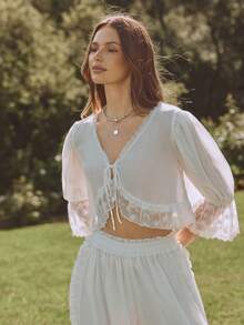 WESTFADE Áo kiểu thắt nơ phía trước bằng chiffon và ren không xuyên thấu - Màu be - Xem 3