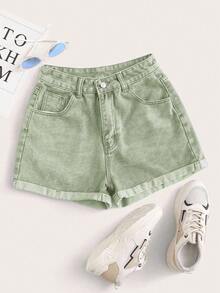 Rivivi Quần short denim cỡ lớn, màu trơn, gấu quần xắn, có đai lưng, kiểu dáng thường ngày, đa năng cho mùa hè. - màu xanh lá - Xem 1