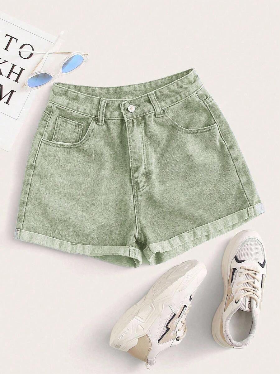 Rivivi Quần short denim cỡ lớn, màu trơn, gấu quần xắn, có đai lưng, kiểu dáng thường ngày, đa năng cho mùa hè. - màu xanh lá - Xem 1