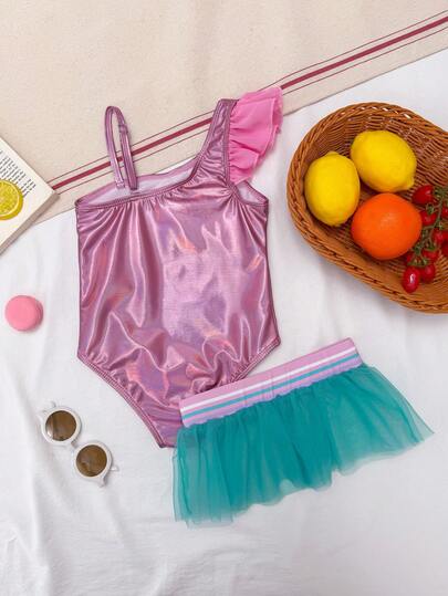 SHEIN Traje de baño de una pieza para niña con diseño de estrella de mar bordada, decoración de perlas y volantes, con falda de malla para la playa y decoración de cuello asimétrico