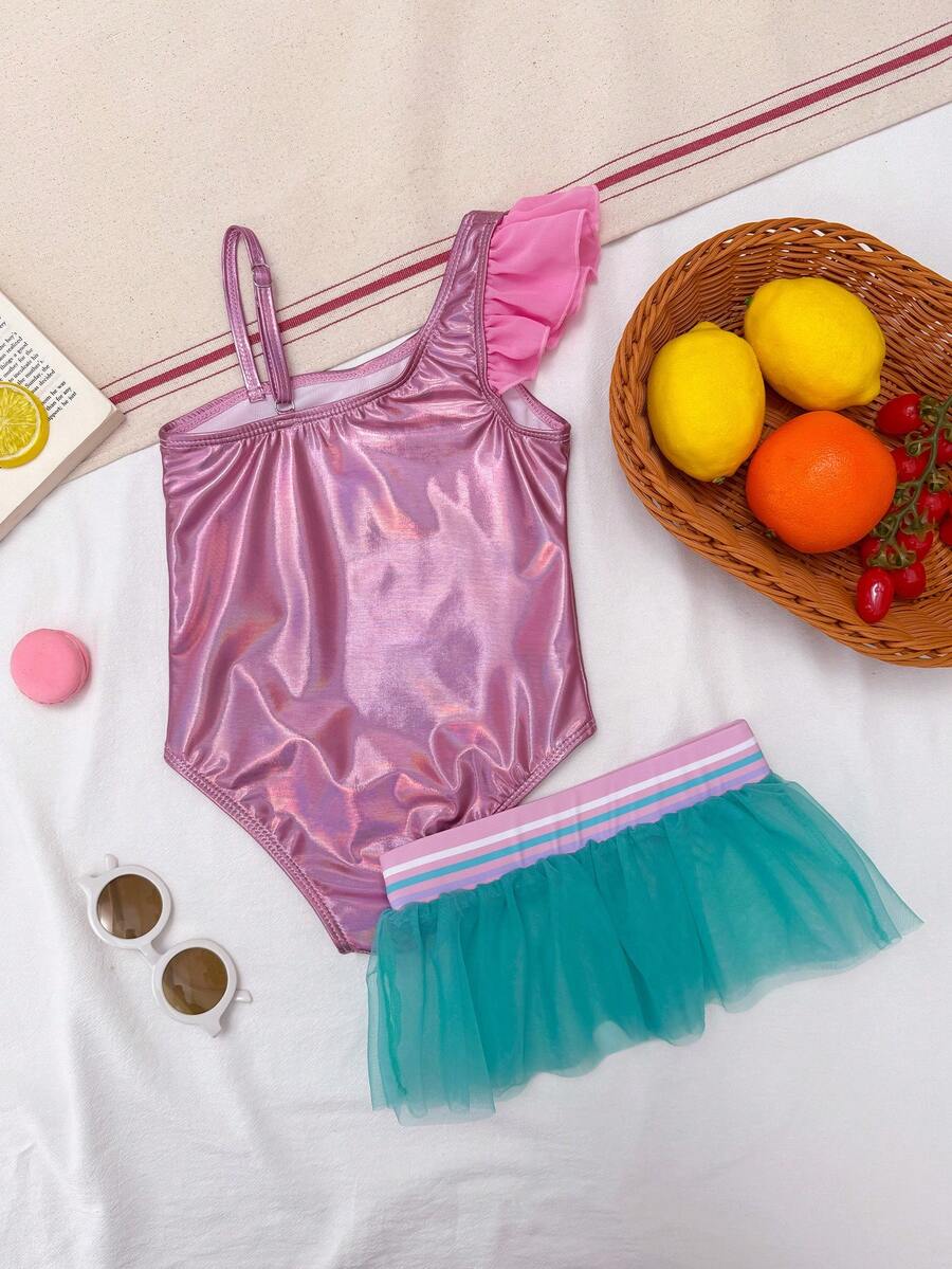 SHEIN Young Girl Cute Starfish Embroidered Pearl Decor Ruffle Trim One-Piece Swimsuit With Mesh Beach Skirt, Asymmetrical Neckline Decor Summer Holiday - Multicolor - View 1