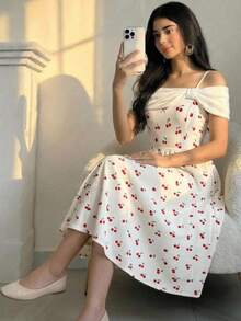 SHEIN Đầm chữ A trễ vai in hoa phối màu dành cho thiếu nữ - trắng - Xem 1
