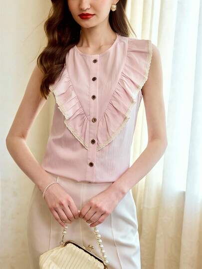 Vintamour Áo sơ mi nữ kiểu dáng cổ điển họa tiết hoa, áo sơ mi cài cúc cổ bèo ôm dáng mùa xuân/hè, áo vest không tay màu hồng nhạt.