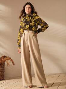 Anewsta Women's Autumn Mandarin Collar Vintage Textured Chiffon Fabric Floral Print Elegant Long Sleeve Blouse Brunch Black - Black - View 7