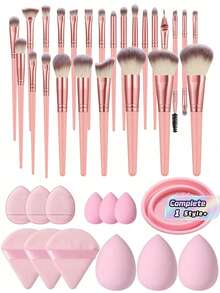 25pcs Makeup Brushes Foundation Blending Eyeshadow Lip Powder Brush 3pcs Beauty Sponge 3pcs Mini Puff Tool Kit Professional Cosmetic Applicator Travel Essential Women - Pink - View 1