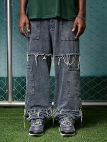 EVRINFINITE Quần jeans nam phong cách Grunge Goth Y2K, kiểu dáng thường ngày, có tua rua, dành cho giới trẻ, sinh viên, thể thao, dáng suông, đa năng. - Màu xanh lam - Xem 8