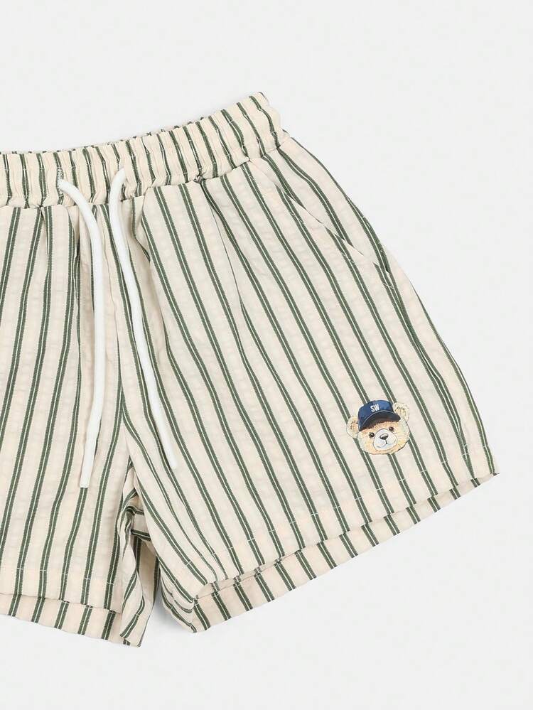 Conjunto de Camiseta Branca com Bordado de Urso e Shorts de Cintura Elástica Listrada, Conjunto Casual de Verão Confortável de Duas Peças para Uso Diário