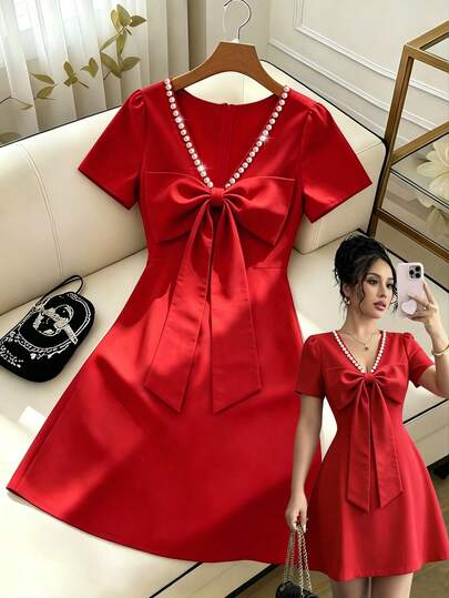 Franclia Đầm nữ thanh lịch cổ chữ V đính hạt, thắt nơ eo, kiểu dáng công sở, đa năng, phù hợp cho du lịch, kỳ nghỉ, tiệc tùng và các dịp công tác.