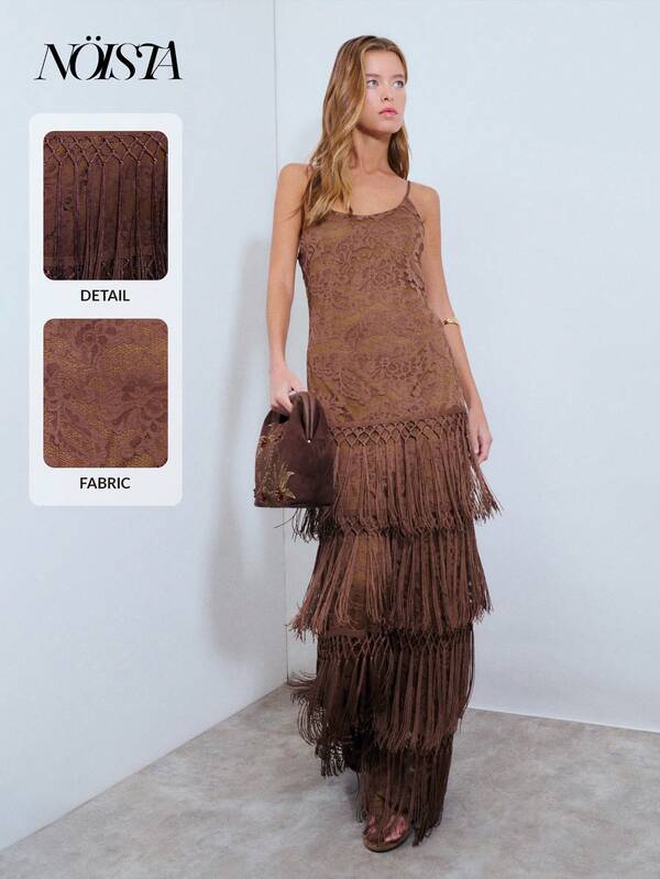 Nöista Un vestido maxi de tirantes finos con flecos, ajustado, de color marrón, perfecto para el verano. Con un jacquard de encaje