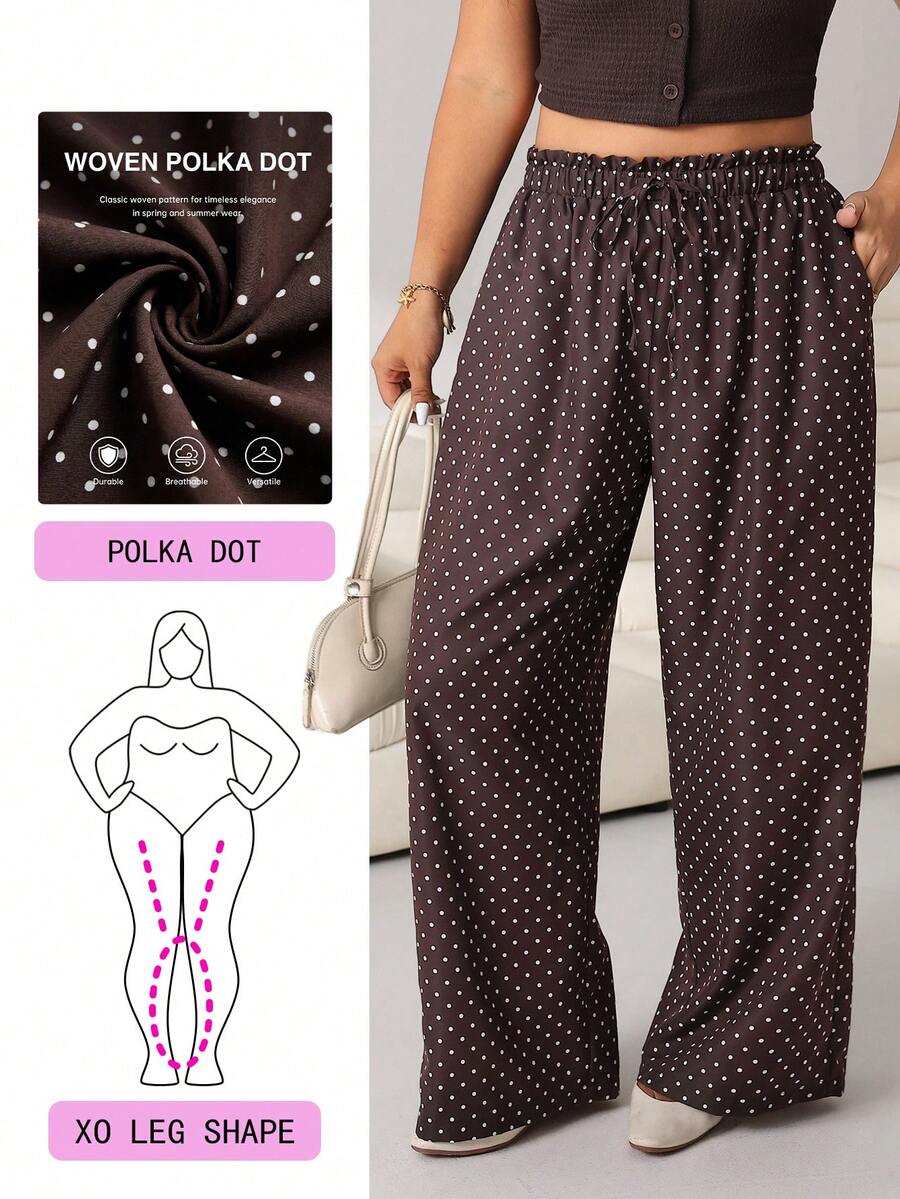 Solflare Plus Size Casual Polka Dot Print Drawstring Waist Pants - Multicolor - View 1
