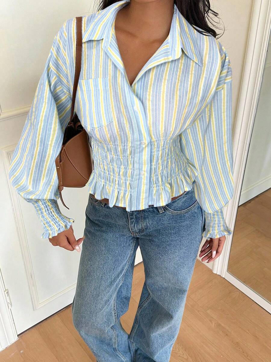 SHEIN EZwear 女士休闲度假通勤撞色条纹印花宽松落肩收腰衬衫，春秋季 - 黃色 - 查看 1