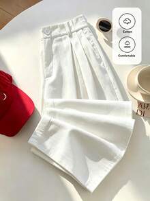 SHEIN PETITE Quần ống đứng xếp ly màu trắng, kiểu dáng tối giản, thanh lịch, chất liệu 100% cotton, thích hợp cho mùa xuân/hè, phù hợp cho việc đi làm. - Màu be - Xem 1