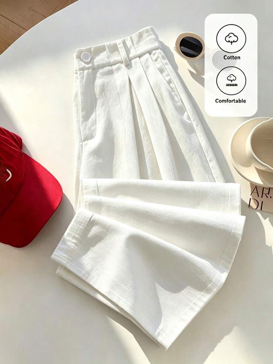 SHEIN PETITE Quần ống đứng xếp ly màu trắng, kiểu dáng tối giản, thanh lịch, chất liệu 100% cotton, thích hợp cho mùa xuân/hè, phù hợp cho việc đi làm. - Màu be - Xem 1