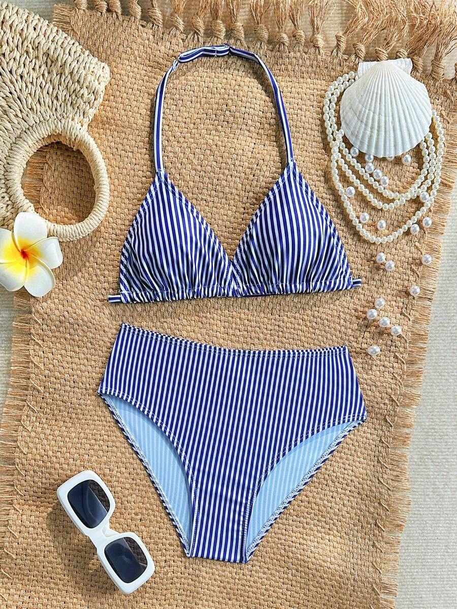 SHEIN Tween Girls Polka Dot Print Bikini Sets, 2 Pieces Swimwear, Knit Fabric, Fashionable Casual Elegant Design, Suitable For Swimming, Vacation, Summer - Blue - View 1