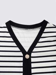 Franclia French Style V-Neck Button Front Fitted Elegant Short Sleeve Knit Dress - Black and White - View 3